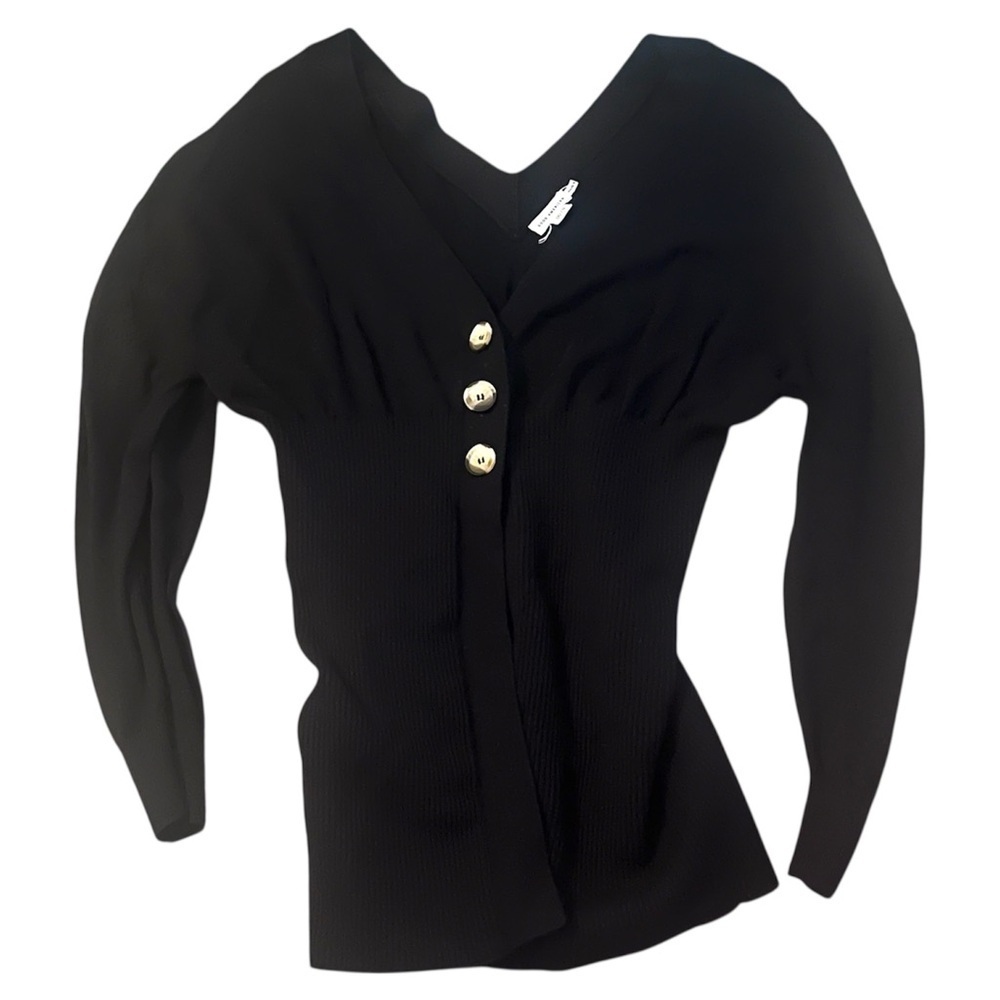 Good American Women's Black Ribbed Waist Cardigan V-Neck Size 00/0